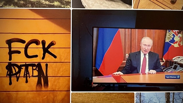 The image displays a split-screen with two different scenes: on the left side, there is graffiti on a wooden surface with text that is attempting to convey a derogatory message („FCKPTN“), and on the right side, a man is seen on a television screen sitting (Putin)