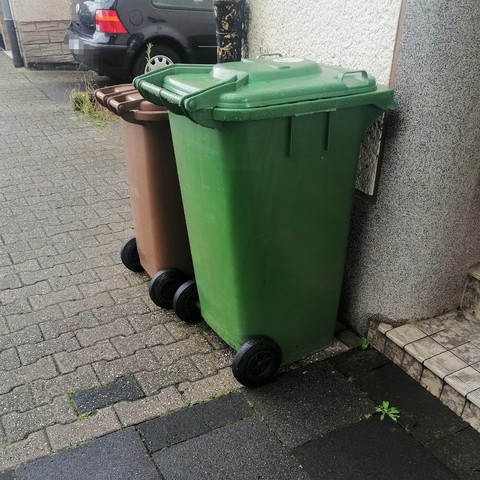 Grüne (Papier) und Braune (Bio)  Mülltonne stehen schon vor der Tür in der Nachbarschaft. 